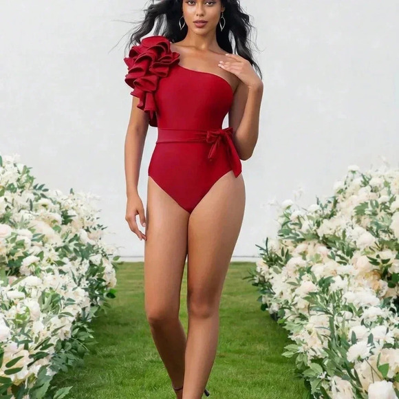 Red Elegant Women's Summer Beach One-Piece Swimsuit With Dramatic Ruffle Trim - Picture 1 of 7